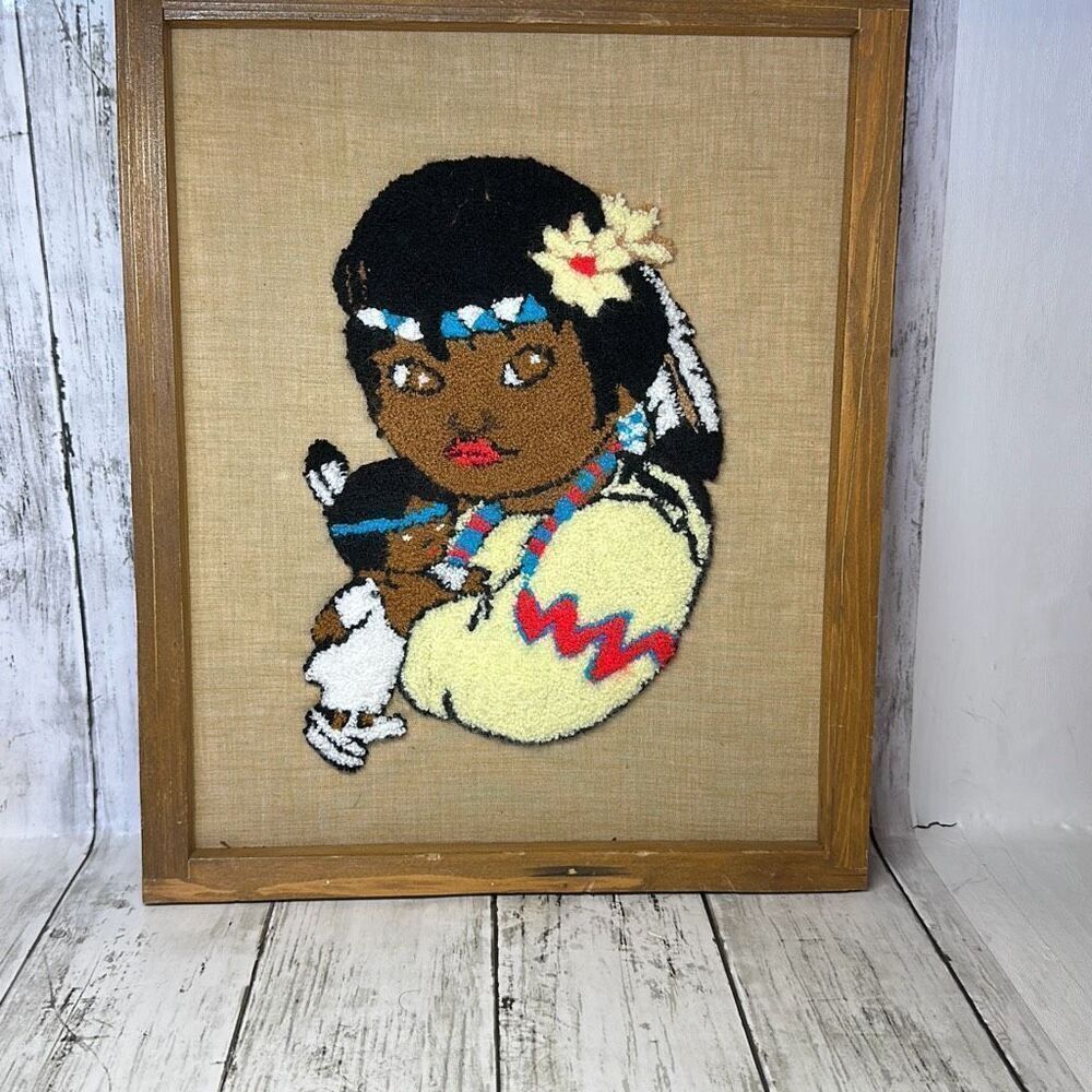 Vintage Punch Needle Native American Girl with Child‎ Framed Picture